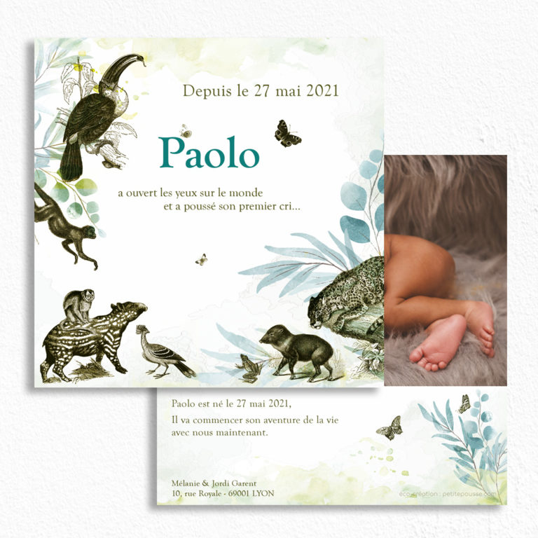 Faire-part de naissance "Tropical", création graphique au format carré 13x13 cm.